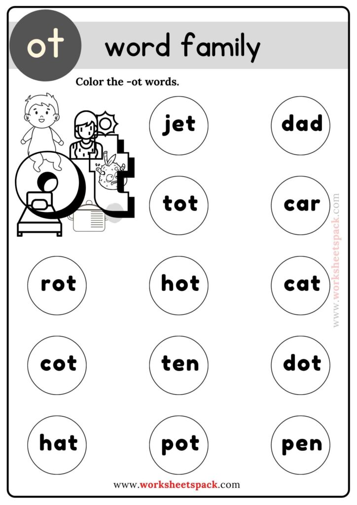 Ot Word Family Coloring Sheets for Kindergarten