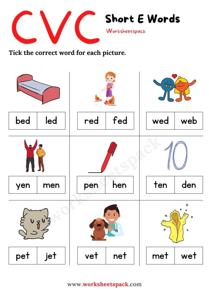 Free Short E Worksheets for Kindergarten