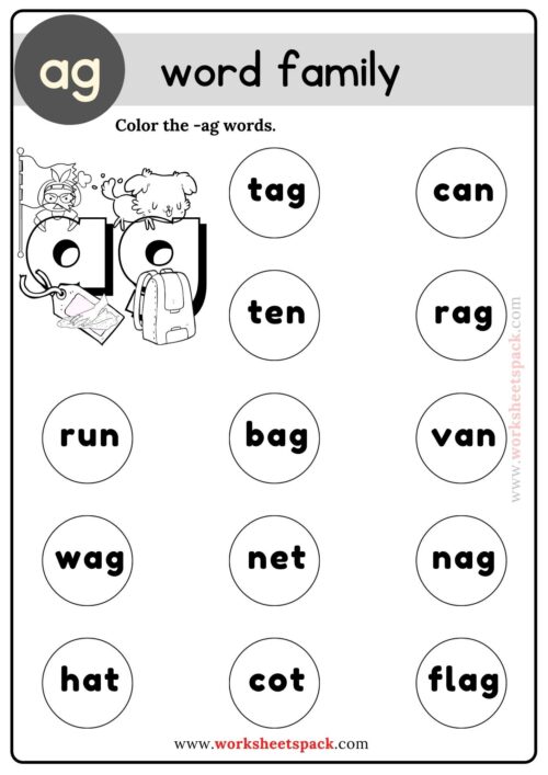 Ag Word Family Coloring Activities - worksheetspack