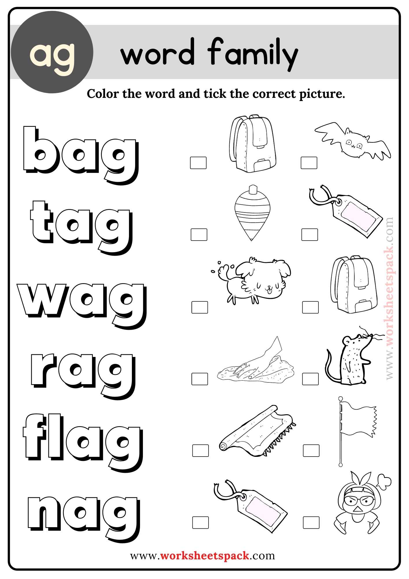 Ag Word Family Coloring Activities - worksheetspack