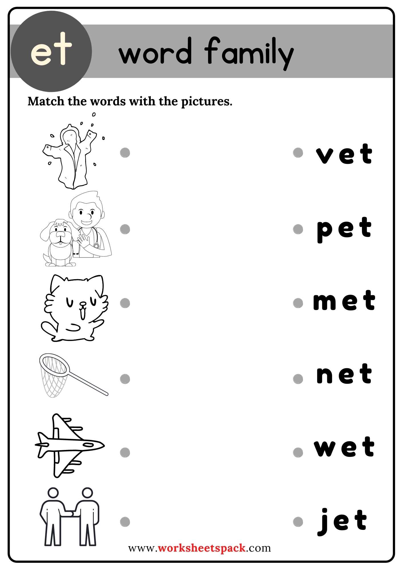 Free Et Word Family Matching Worksheets - worksheetspack