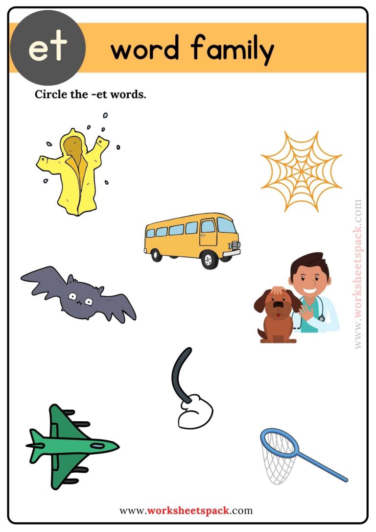 Et Word Family Coloring Pages for Kindergarten - worksheetspack