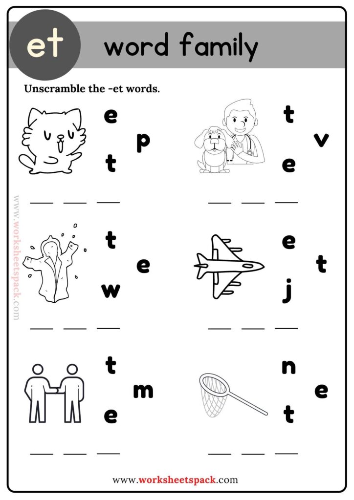 Et Word Family Unscramble Kindergarten Worksheet