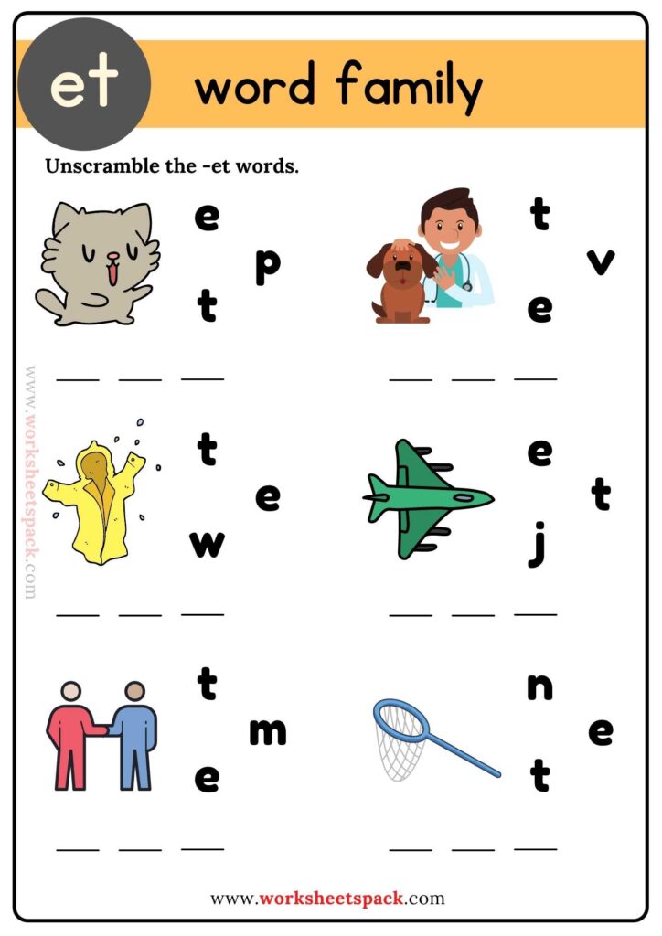 Et Word Family Unscramble the Words Worksheets