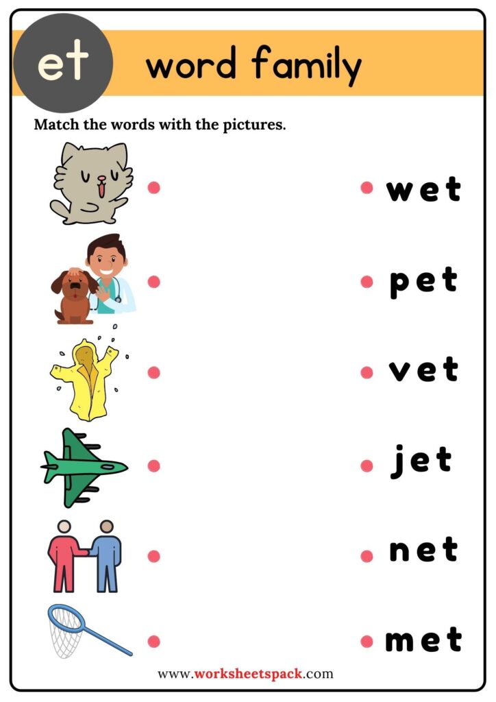 Free Et Word Family Matching Worksheets