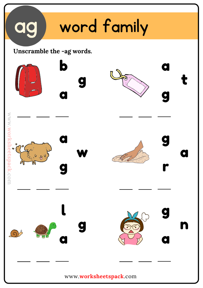 Ag Word Family Unscramble the Words Free Sheets