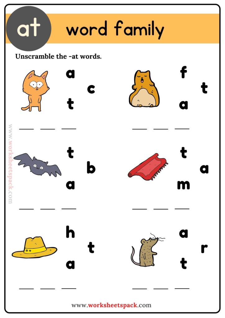 At Word Family Unscramble Word Exercises