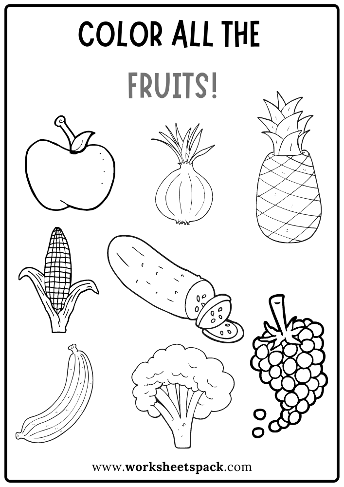 Color All the Fruits Worksheet, Free Coloring Activity Pages for Kindergarten Students