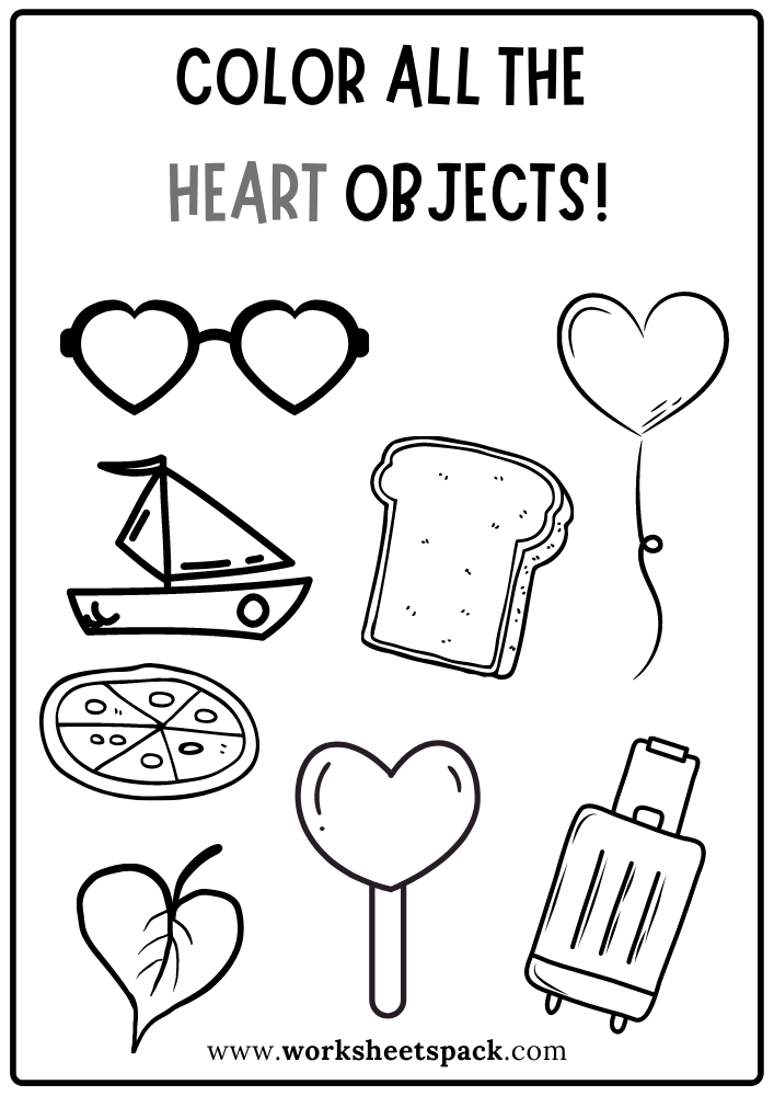 Color All the Hearts Worksheet, Heart Shape Activity Sheets Free Printable for Kids