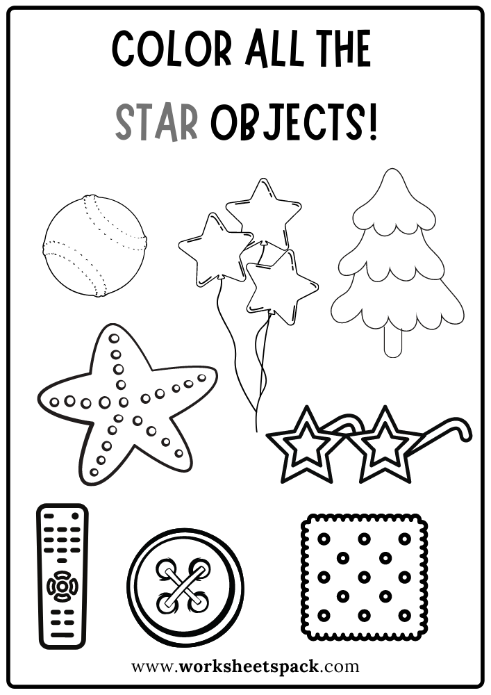 Color All the Stars Worksheet, Star Shape Activity Sheets Free Printable for Kids