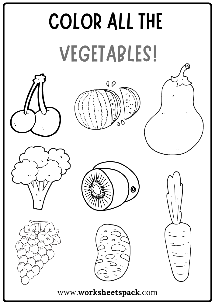 Color All the Vegetables Worksheet, Free Coloring Activity Pages for Kindergarten Students
