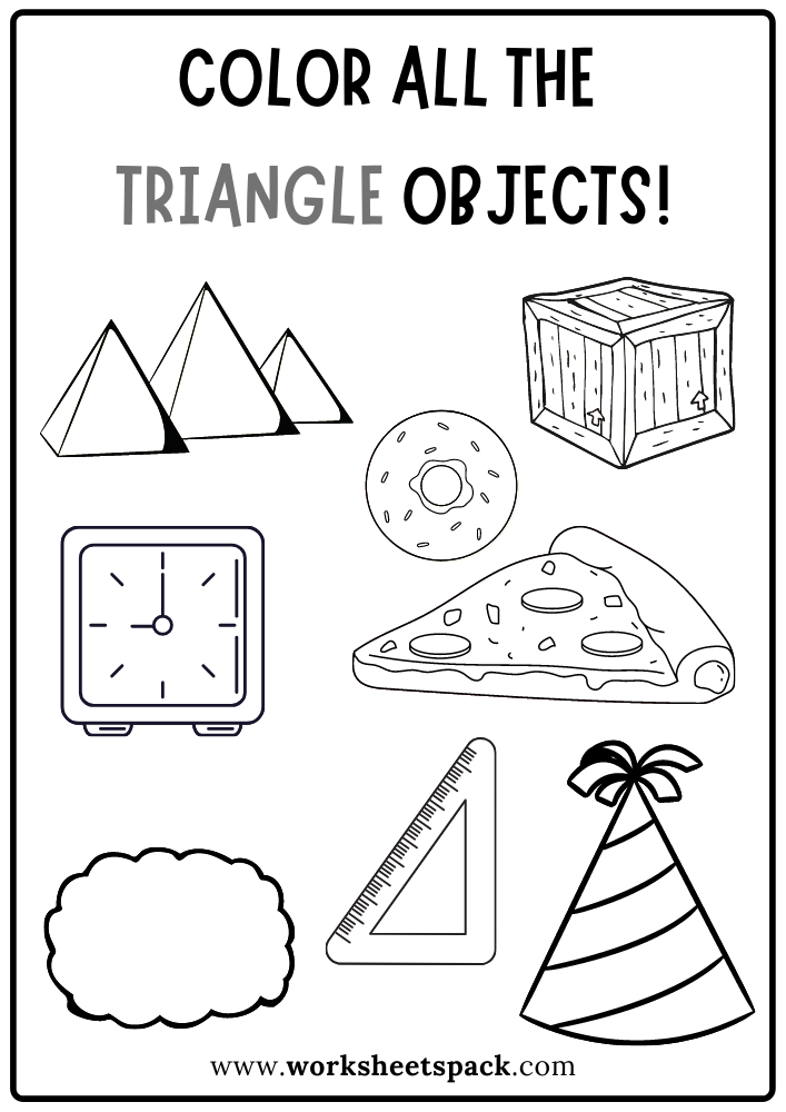 Color all the Triangles Worksheet, Triangle Shape Activity Sheets Free Printable for Kids