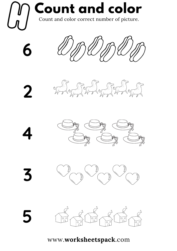 Count and Color Worksheets Free Letter H Pictures Printable for Kindergarten