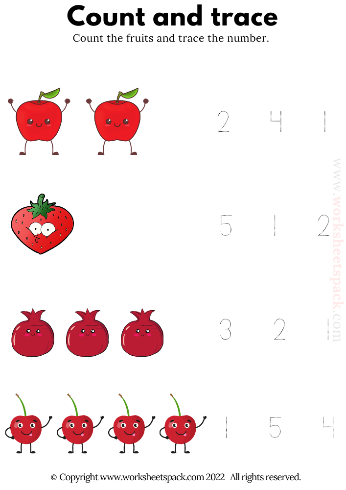 Count and Trace Red Fruits Free Worksheets for Kids