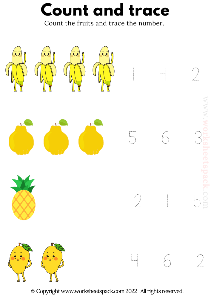 Count and Trace Yellow Fruits Free Worksheets for Kids