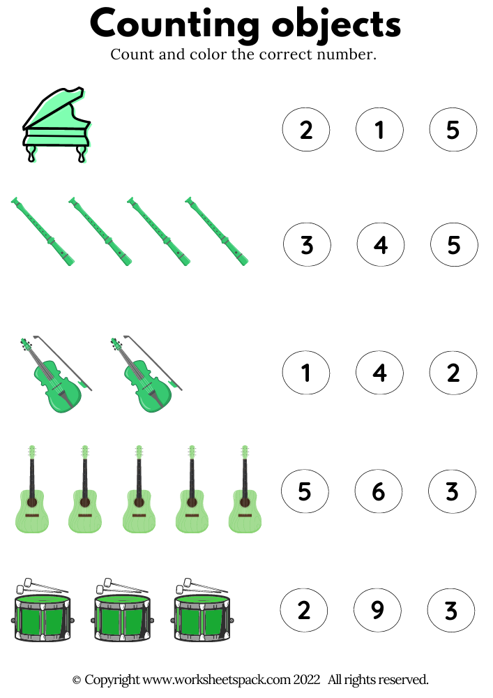 Counting Objects PDF, Musical instruments Count Free Worksheet Printable