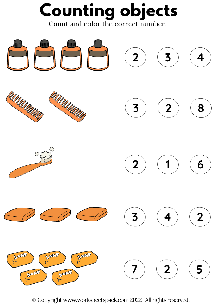 Counting Objects PDF, Personal Hygiene Count Free Worksheet Printable