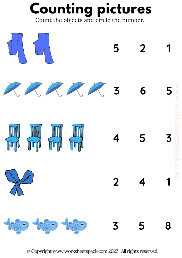 Counting Pictures Blue Objects Free Worksheets for Kindergarten