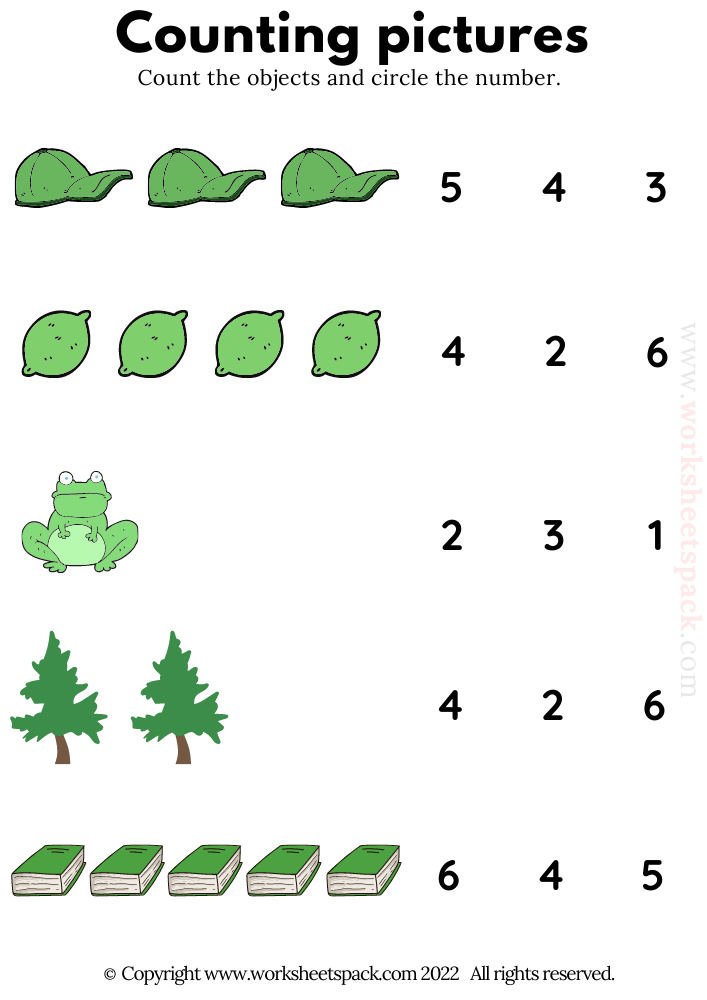 Counting Pictures Green Objects Free Worksheets for Kindergarten