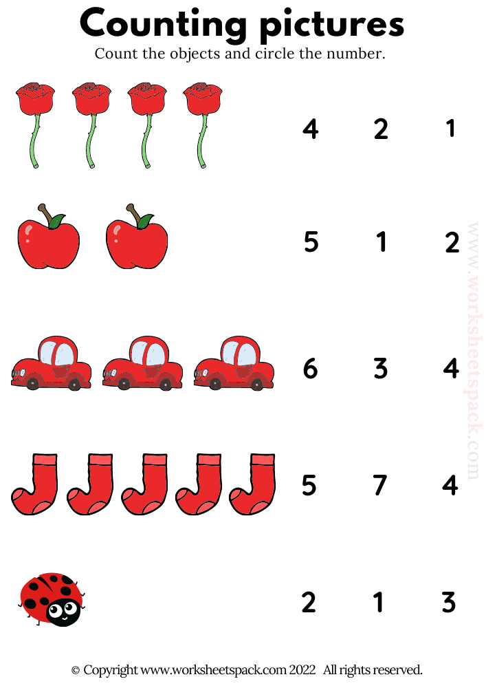 Counting Pictures Red Objects Free Worksheets for Kindergarten