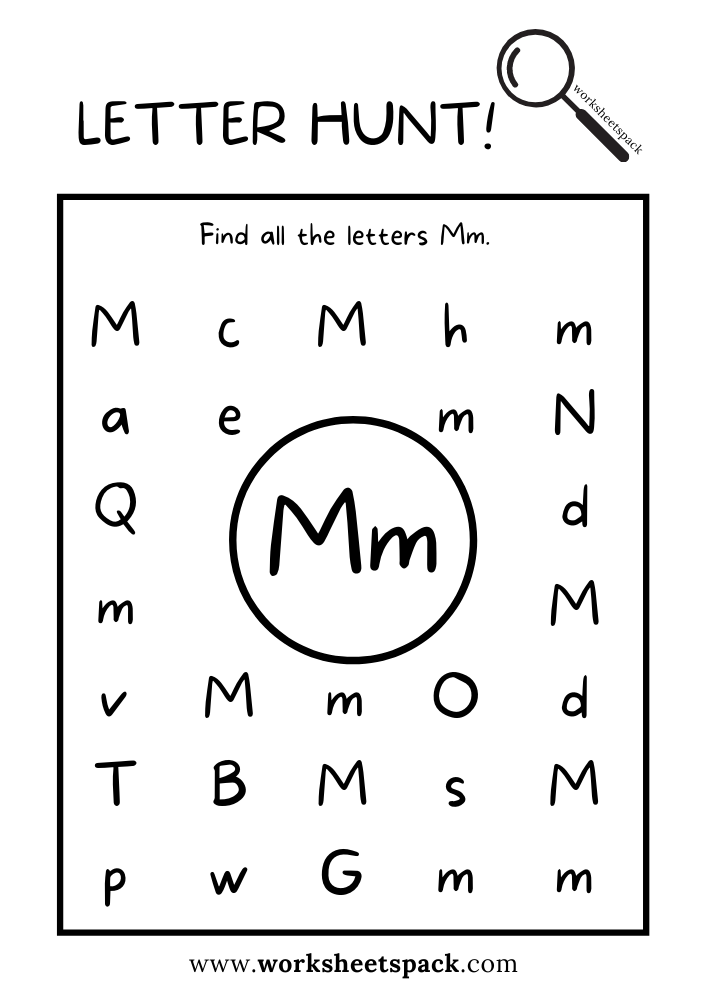 Find the Letter M Worksheet, Alphabet M Hunt Activity Free Printable for Kids.