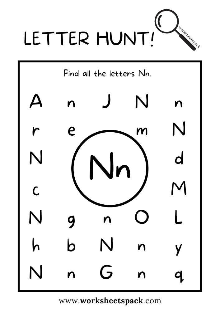 Find the Letter N Worksheet, Alphabet N Hunt Activity Free Printable for Kids