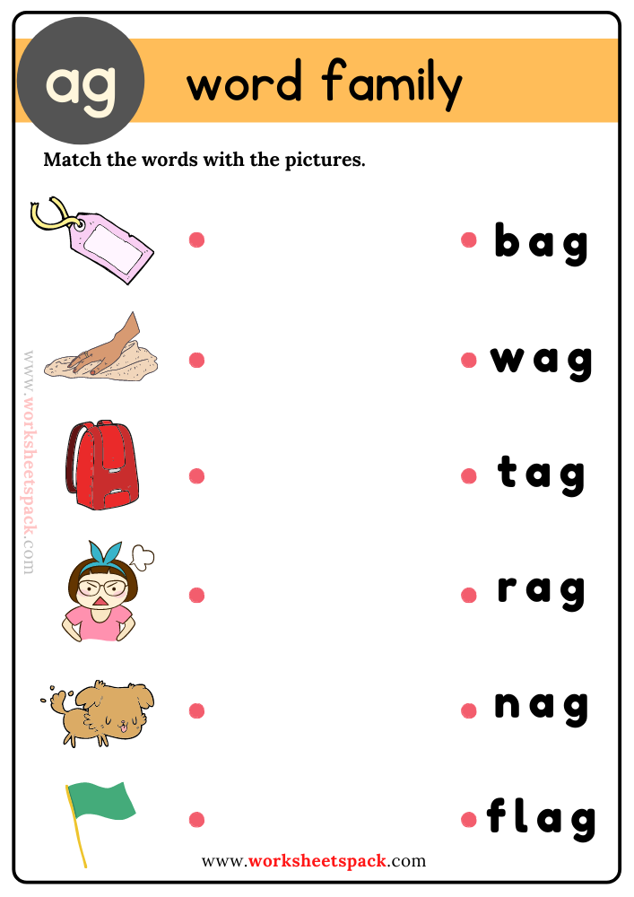 Free Ag Word Family Matching Worksheets Set