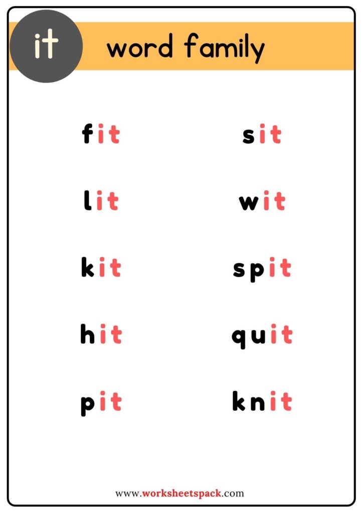 Free IT Word Family List for Kids. It words 3 letters free PDF.