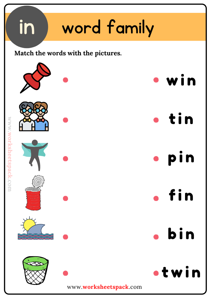 Free In Word Family Matching Activity Worksheets PDF