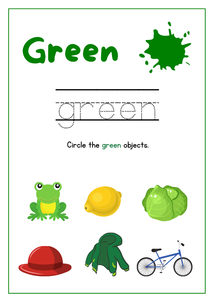 Green Color Sheet Printable Free PDF, Color Green Worksheet for Preschool