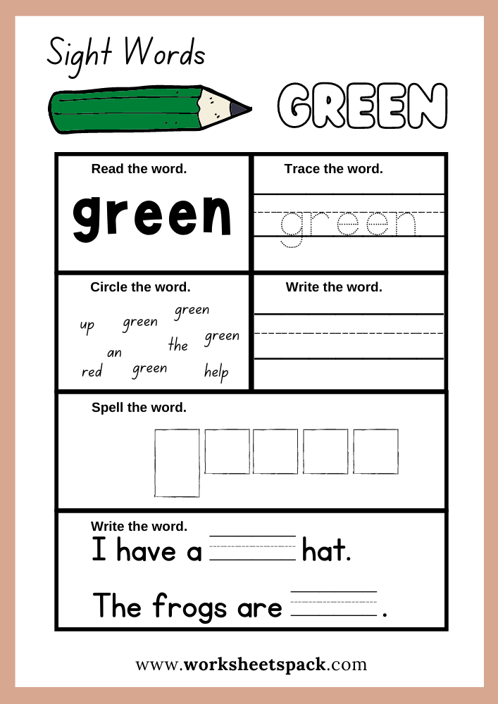 Green Sight Word Worksheet Printables, Sight Words Worksheets PDF Free