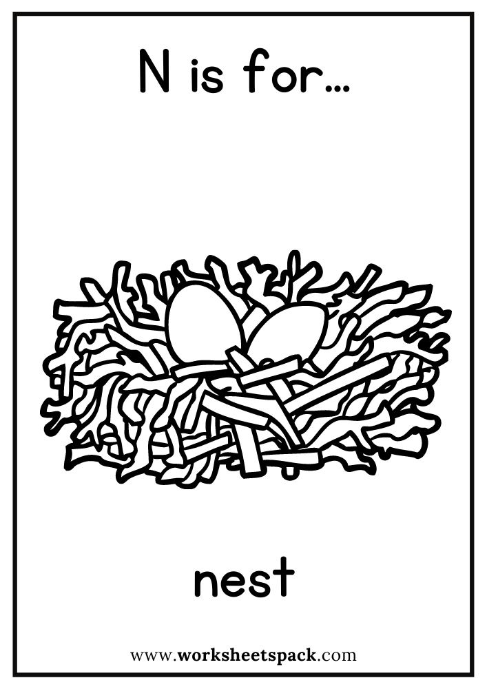 N is for Nest Coloring Page, Free Nest Flashcard for Kindergarten