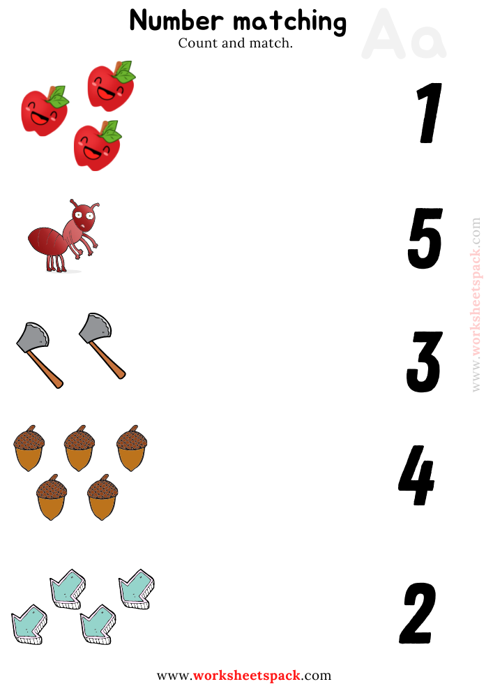 Number Matching Printables Worksheets PDF, Counting Axe, Acorn, Arrow