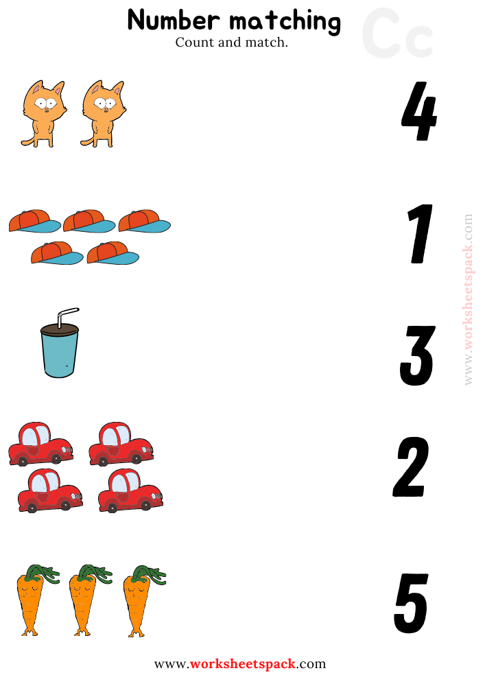 Number Matching Printables Worksheets PDF, Counting Carrot, Cup, Cap