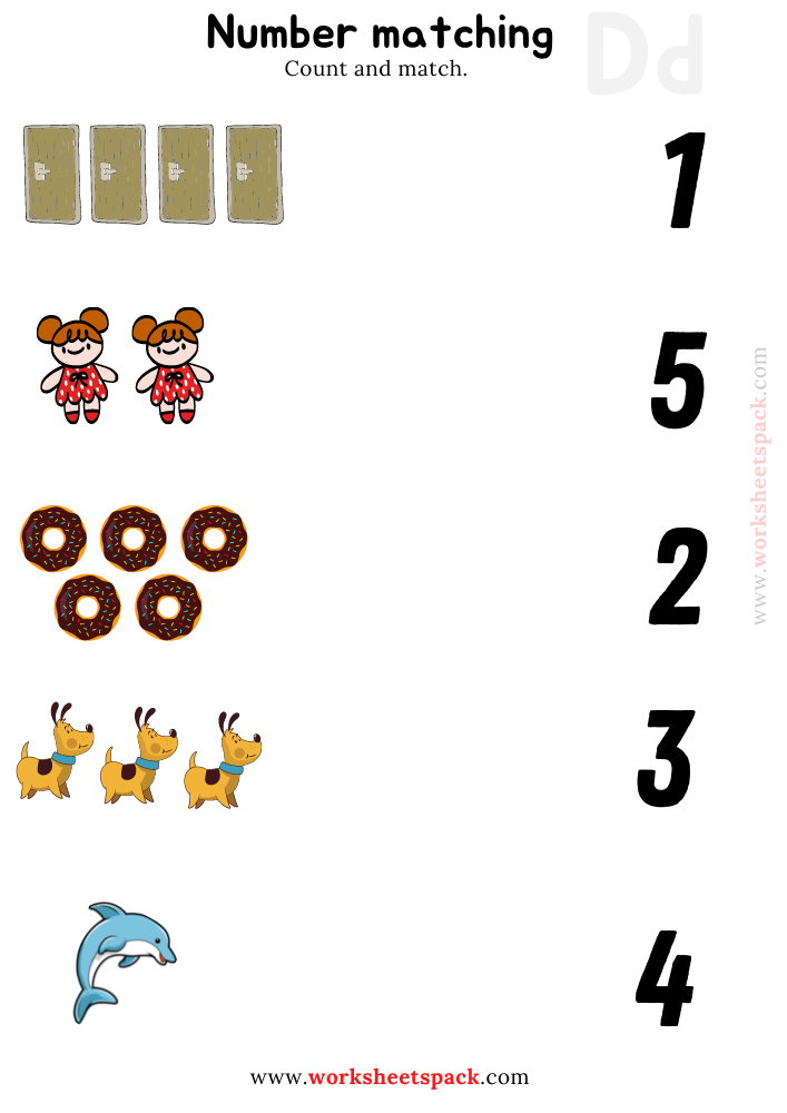 Number Matching Printables Worksheets PDF, Counting Donut, Dog, Door