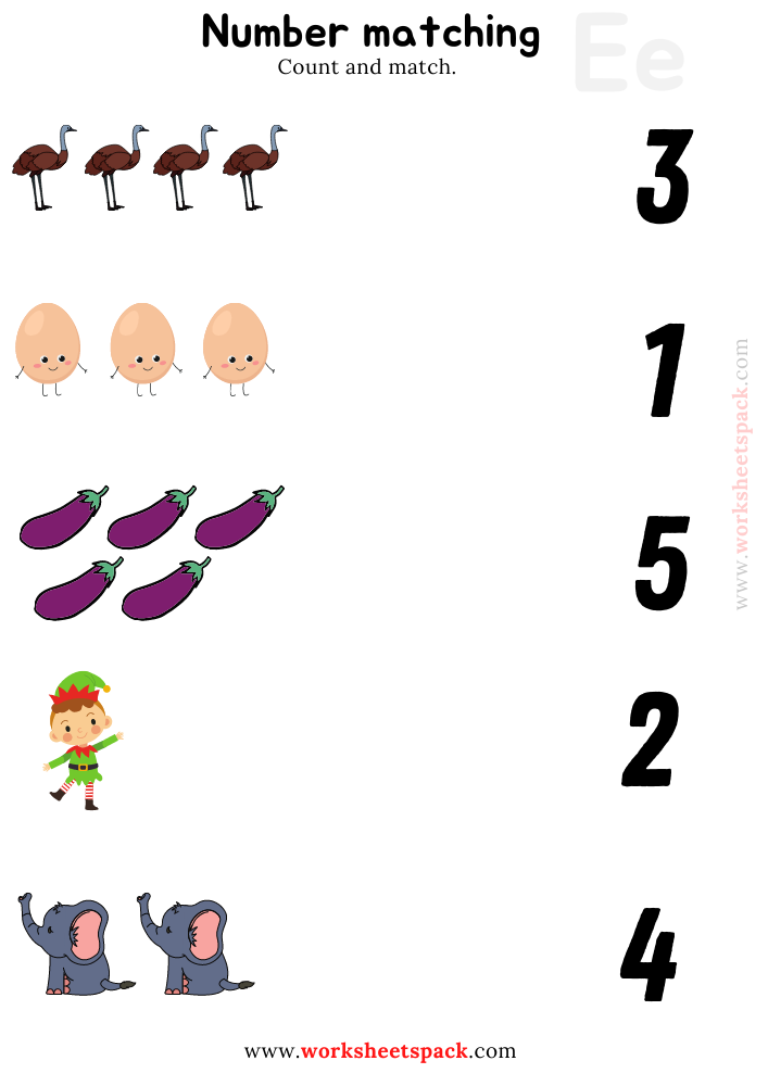 Number Matching Printables Worksheets PDF, Counting Egg, Elephant, Emu
