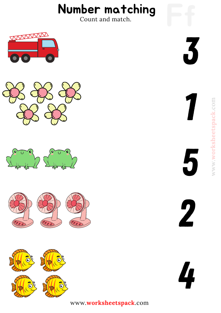 Number Matching Printables Worksheets PDF, Counting Frog, Fan, Fish