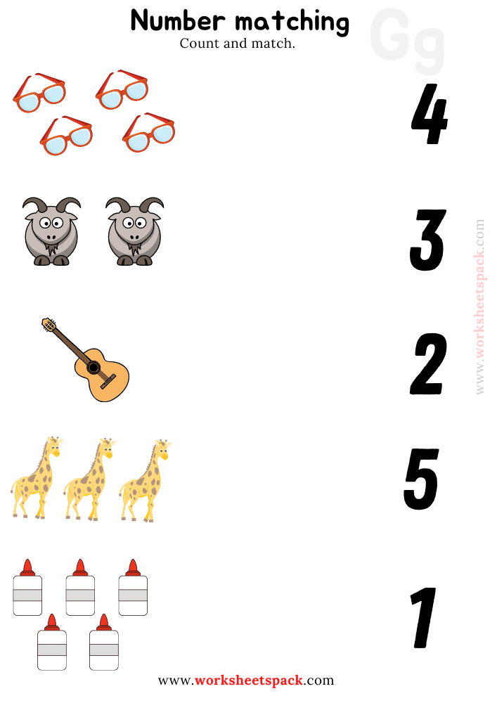 Number Matching Printables Worksheets PDF, Counting Glasses, Goat, Guitar