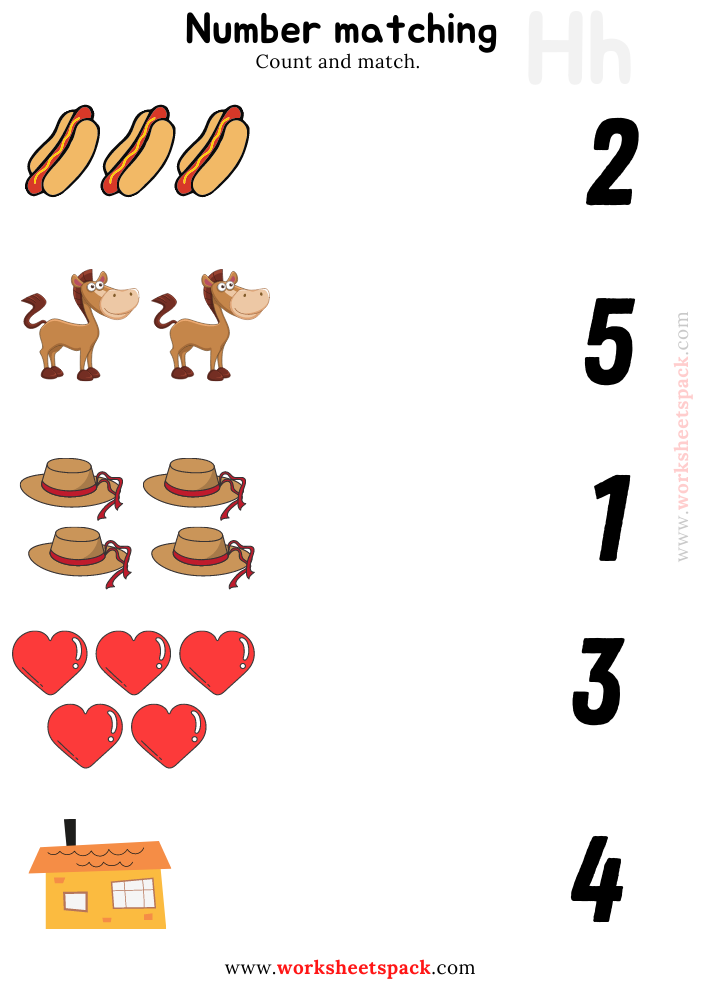 Number Matching Printables Worksheets PDF, Counting Horse, Hat, House