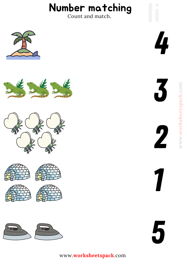 Number Matching Printables Worksheets PDF, Counting Iguana, Igloo, Insect