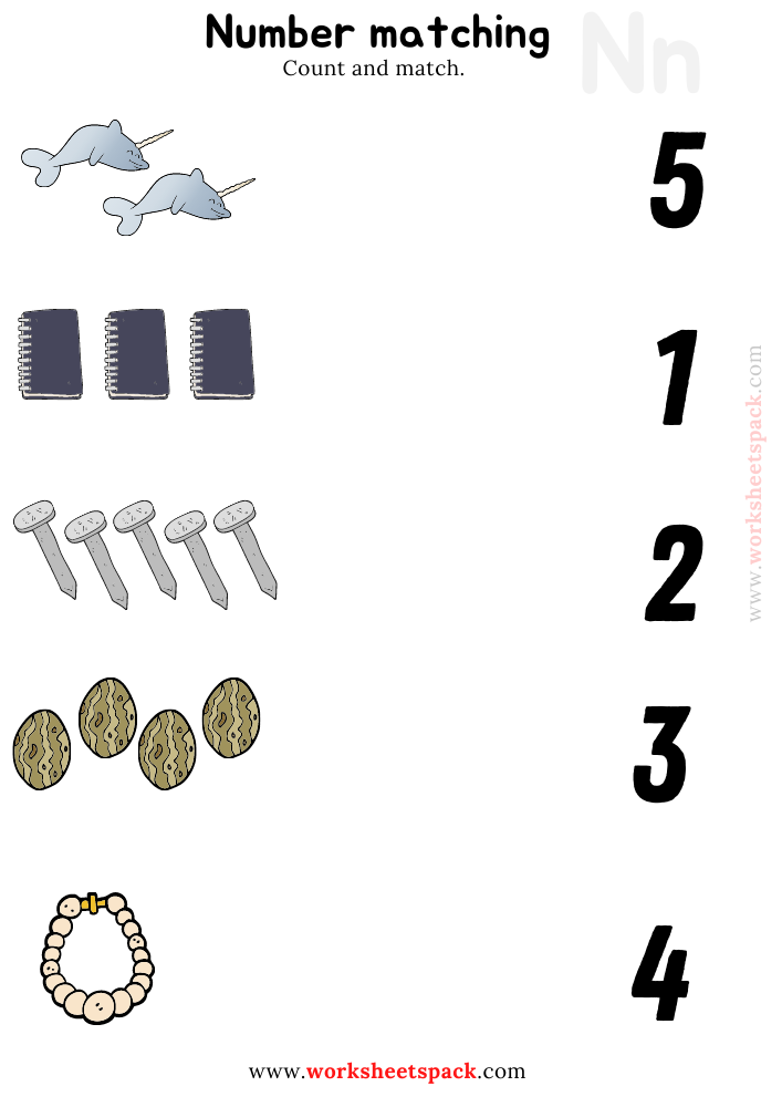Number Matching Printables Worksheets PDF, Counting Notebook, Nut, Narwhal