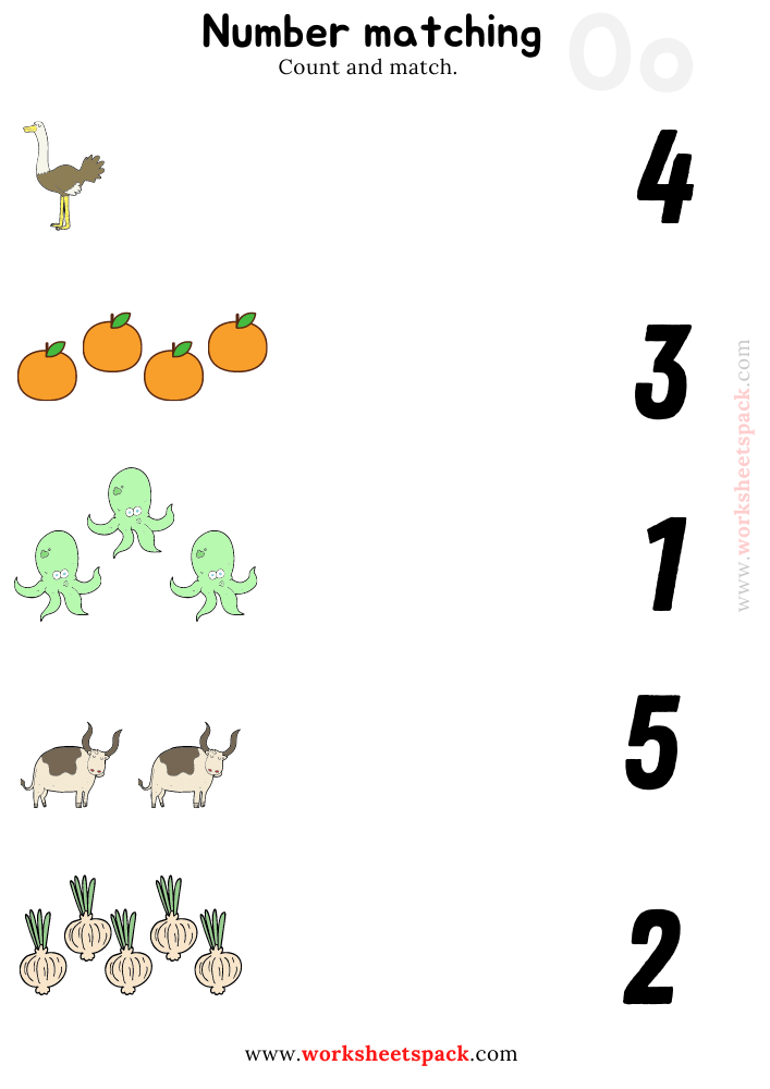 Number Matching Printables Worksheets PDF, Counting Orange, Octopus, Ox