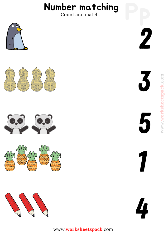 Number Matching Printables Worksheets PDF, Counting Penguin, Pineapple, Panda