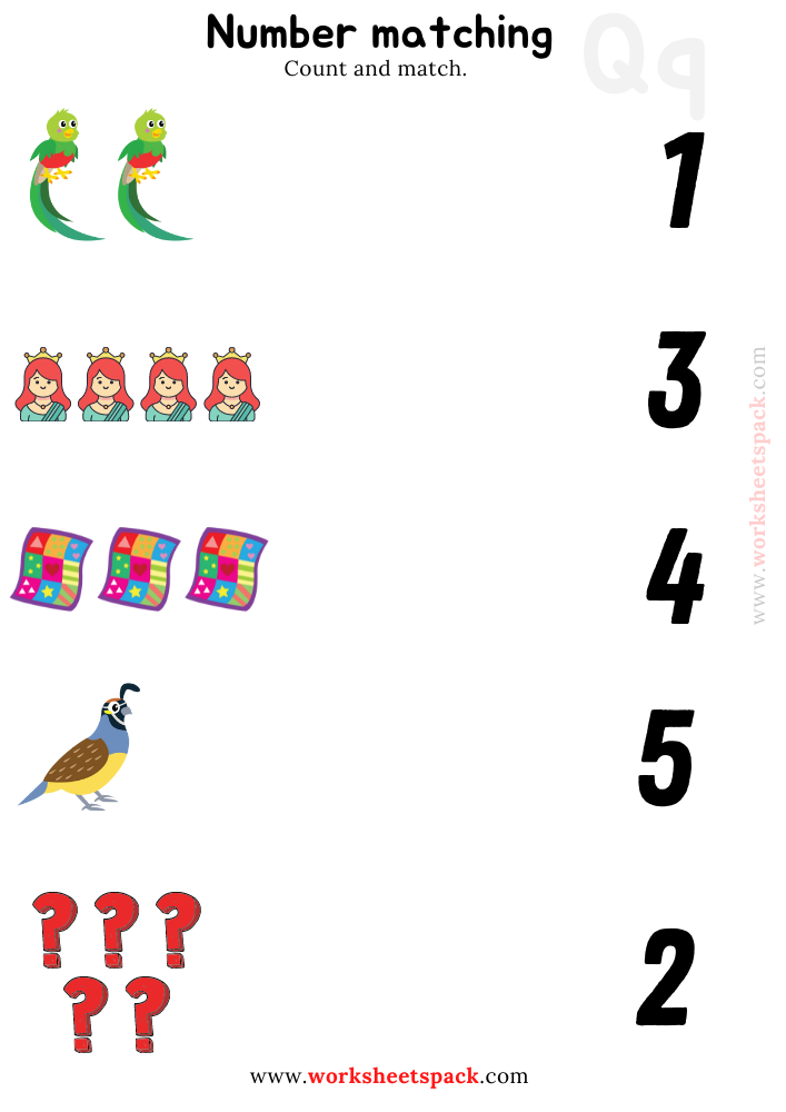 Number Matching Printables Worksheets PDF, Counting Quail, Quilt, Quetzal