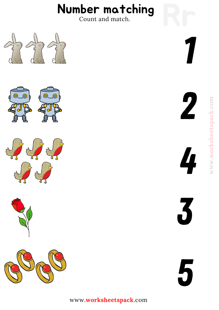 Number Matching Printables Worksheets PDF, Counting Rabbit, Robot, Rose