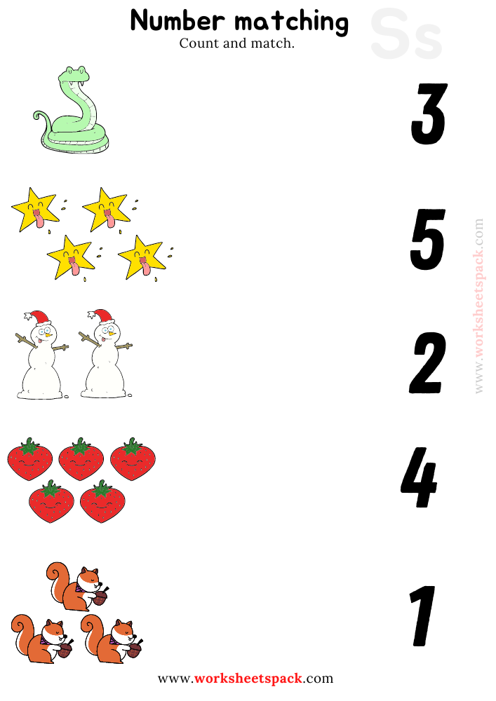 Number Matching Printables Worksheets PDF, Counting Snake, Strawberry, Squirrel
