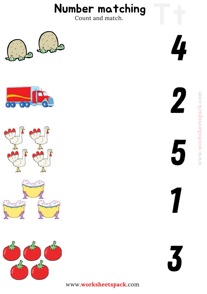Number Matching Printables Worksheets PDF, Counting Truck, Turtle, Turkey