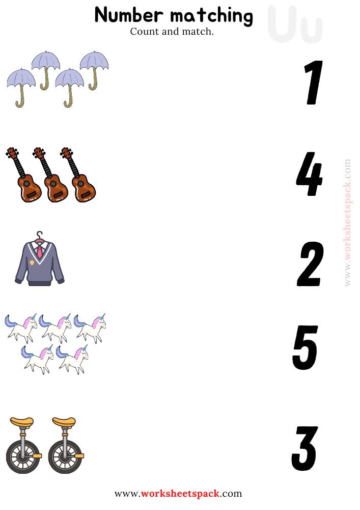Number Matching Printables Worksheets PDF, Counting Umbrella, Ukulele, Unicorn