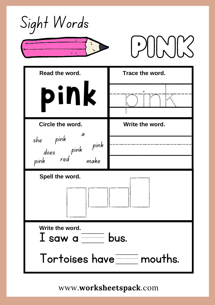 Pink Sight Word Worksheet Printables, Sight Words Worksheets PDF Free