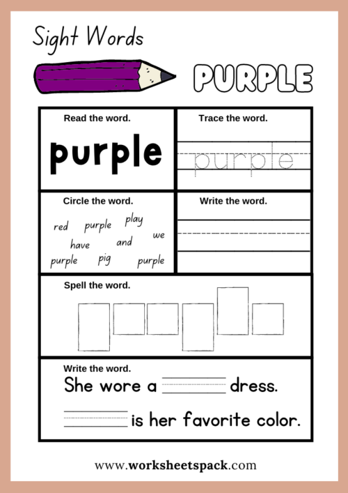 Purple Word Kindergarten sight words worksheets